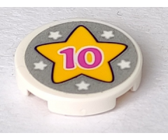 Tile, Round 2 x 2 with Bottom Stud Holder with Pink '10', Yellow Star and Five White Stars on Silver Background Pattern (Sticker) - Set 41300