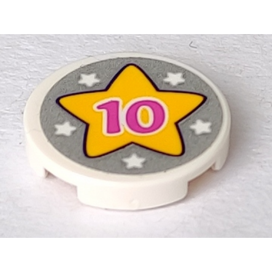 Tile, Round 2 x 2 with Bottom Stud Holder with Pink '10', Yellow Star and Five White Stars on Silver Background Pattern (Sticker) - Set 41300