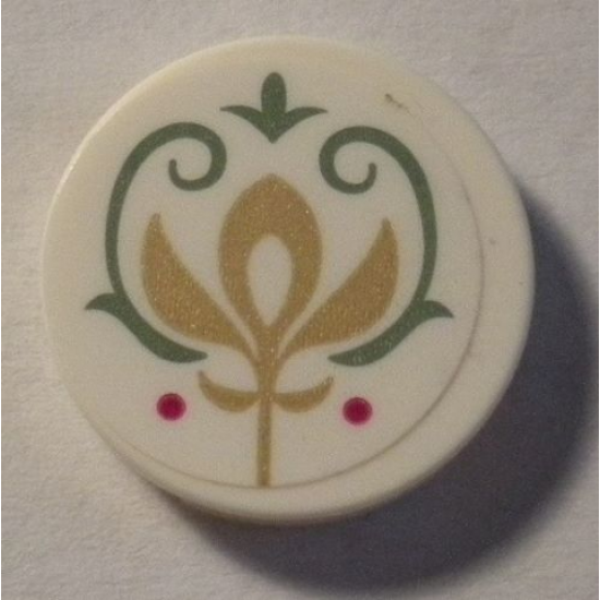 Tile, Round 2 x 2 with Bottom Stud Holder with Gold Crest and Sand Green Scrollwork Pattern (Sticker) - Set 41068