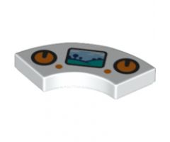 Tile, Round Corner 2 x 2 Macaroni with Orange Circle Control Pads and Buttons and Display with Sky, Grass and Tree Pattern
