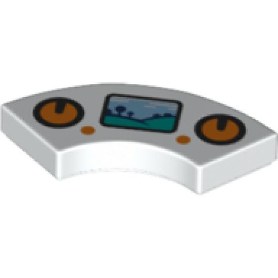 Tile, Round Corner 2 x 2 Macaroni with Orange Circle Control Pads and Buttons and Display with Sky, Grass and Tree Pattern
