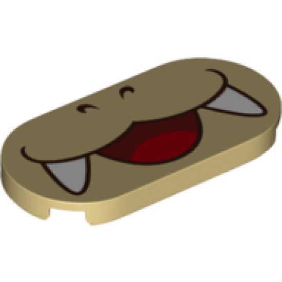 Tile, Round 2 x 4 Oval with Open Mouth Smile, Red Tongue, White Fangs and Nostrils Pattern