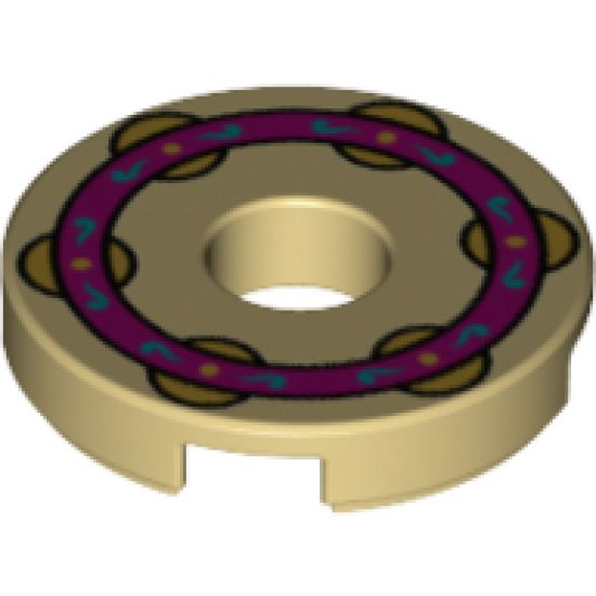 Tile, Round 2 x 2 with Hole with Magenta Tambourine Ring, Dark Azure Filigree and Gold Jingles Pattern