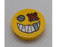 Tile, Round 2 x 2 with Bottom Stud Holder with Smile Face, Metal Plate Eyes, Teeth and Red Bandage Pattern (Sticker) - Set 75977
