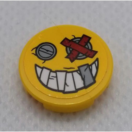 Tile, Round 2 x 2 with Bottom Stud Holder with Smile Face, Metal Plate Eyes, Teeth and Red Bandage Pattern (Sticker) - Set 75977