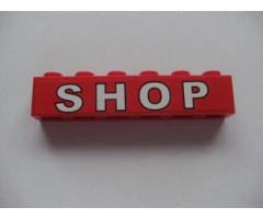 Brick 1 x 6 with White 'SHOP' on Red Background Pattern (Sticker) - Set 7633