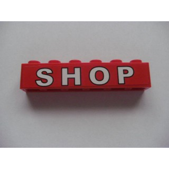 Brick 1 x 6 with White 'SHOP' on Red Background Pattern (Sticker) - Set 7633