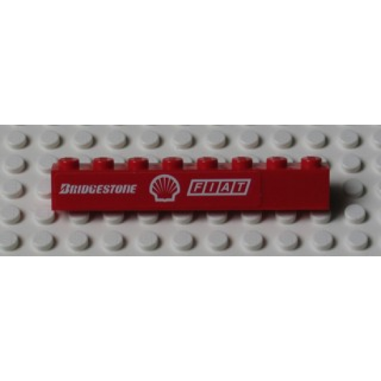 Brick 1 x 8 with White 'BRIDGESTONE', Shell Logo and 'FIAT' on Red Background Pattern (Sticker) - Set 8654