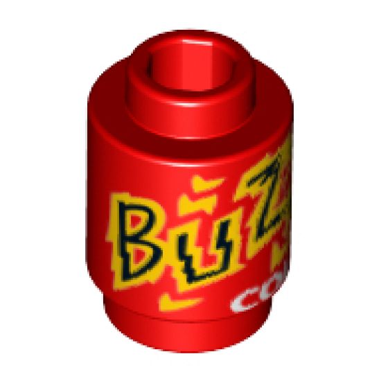 Brick, Round 1 x 1 with Black, Yellow and White 'BUZZ COLA' Pattern