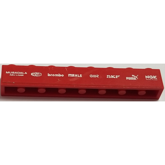 Brick 1 x 8 with 'MUBADALA ABU DHABI', 'MAGNETTI MARELLI', 'brembo', 'MAHLE', 'IIR', 'SKF', 'PUMA', 'NGK SPARK PLUGS' Pattern (Sticker) - Set 8185