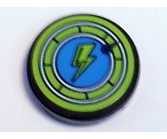 Tile, Round 2 x 2 with Bottom Stud Holder with Lime Lightning Bolt in Dark Azure Circle with Lime Border Pattern (Sticker) - Set 41346