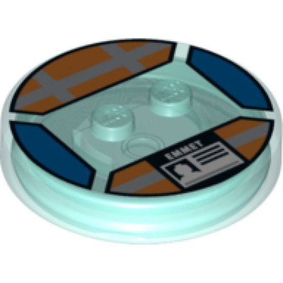 Dimensions Toy Tag 4 x 4 x 2/3 with 2 Studs and Trans-Light Blue Bottom with Silver Stripes and White 'EMMET' ID Badge on Orange Background Pattern (Emmet)