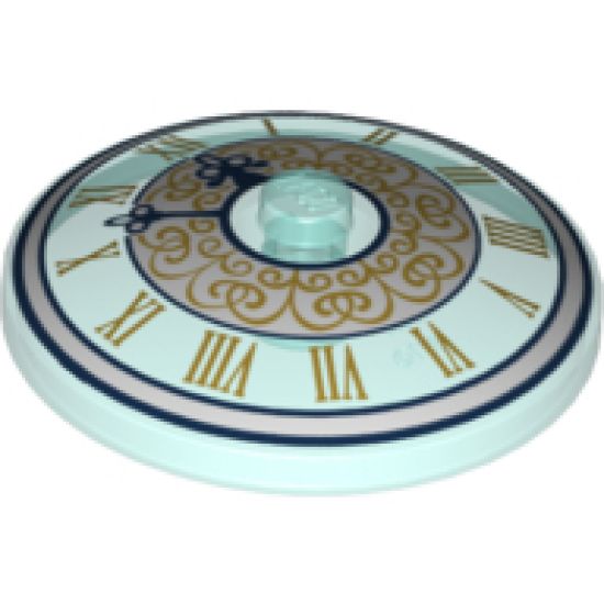 Dish 4 x 4 Inverted (Radar) with Solid Stud with Clock Face Trans Light Blue with Gold Roman Numerals and White Circle with Gold Scrolls Pattern