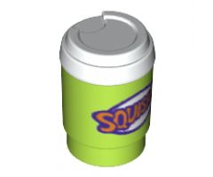 Minifigure, Utensil Cup, Take Out Cup with White Lid and Dark Purple and Orange 'SQUISHEE' Pattern