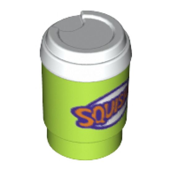 Minifigure, Utensil Cup, Take Out Cup with White Lid and Dark Purple and Orange 'SQUISHEE' Pattern