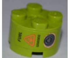 Brick, Round 2 x 2 with Axle Hole with 'FUEL WARNING' and Rusted Filler Cap Pattern (Sticker) - Set 8707
