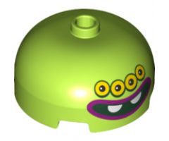 Brick, Round 3 x 3 x 1 1/3 Dome Top - Open Stud with Face, Four Yellow Eyes with Black Pupils and Outlines and Black Open Mouth Wide Smile with Two White Teeth and Magenta Outline Pattern