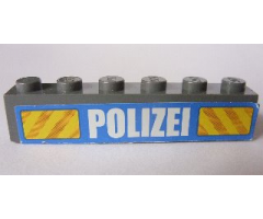 Brick 1 x 6 with White 'POLIZEI' Bold Narrow Font and Yellow Diagonal Stripes on Blue Pattern (Sticker) - Set 7743