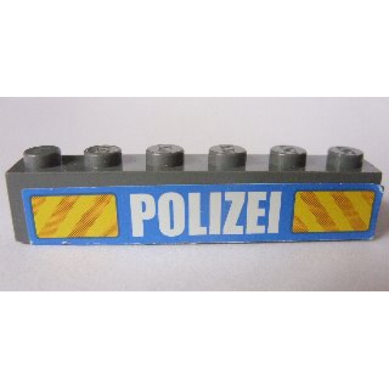 Brick 1 x 6 with White 'POLIZEI' Bold Narrow Font and Yellow Diagonal Stripes on Blue Pattern (Sticker) - Set 7743
