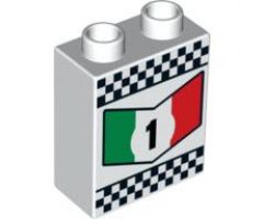 Duplo, Brick 1 x 2 x 2 with '1' in Green, White and Red Chevron and Checkered Border Pattern