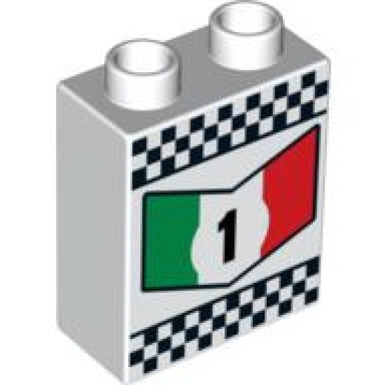 Duplo, Brick 1 x 2 x 2 with '1' in Green, White and Red Chevron and Checkered Border Pattern