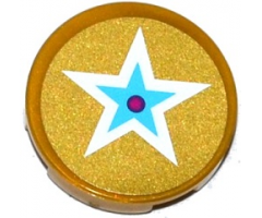 Tile, Round 2 x 2 with Bottom Stud Holder with White and Medium Blue Star with Magenta Center on Gold Background Pattern (Sticker) - Set 41104