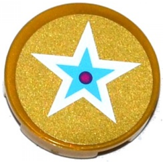 Tile, Round 2 x 2 with Bottom Stud Holder with White and Medium Blue Star with Magenta Center on Gold Background Pattern (Sticker) - Set 41104