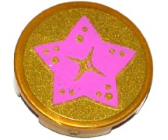 Tile, Round 2 x 2 with Bottom Stud Holder with Medium Lavender Star on Gold Background Pattern (Sticker) - Set 41063