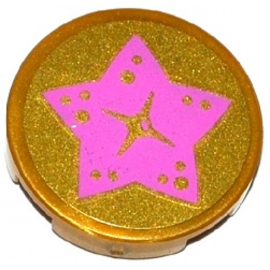 Tile, Round 2 x 2 with Bottom Stud Holder with Medium Lavender Star on Gold Background Pattern (Sticker) - Set 41063