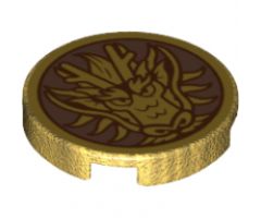 Tile, Round 2 x 2 with Bottom Stud Holder with Gold Dragon Head on Copper Background Pattern