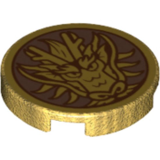 Tile, Round 2 x 2 with Bottom Stud Holder with Gold Dragon Head on Copper Background Pattern