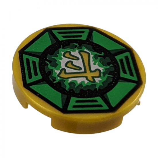 Tile, Round 2 x 2 with Bottom Stud Holder with Airjitzu Lightning Symbol in Green Octagon Pattern