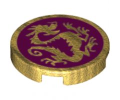 Tile, Round 2 x 2 with Bottom Stud Holder with Pearl Gold Dragon on Magenta Background Pattern