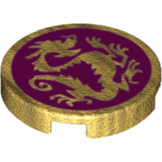 Tile, Round 2 x 2 with Bottom Stud Holder with Pearl Gold Dragon on Magenta Background Pattern
