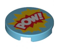 Tile, Round 2 x 2 with Bottom Stud Holder with 'POW!' in Yellow and Red Starburst Explosion Pattern