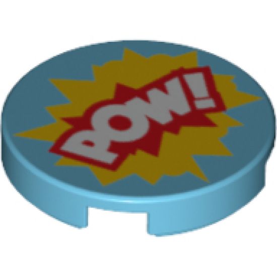 Tile, Round 2 x 2 with Bottom Stud Holder with 'POW!' in Yellow and Red Starburst Explosion Pattern