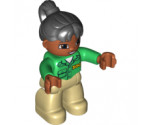 Duplo Figure Lego Ville, Female, Tan Legs, Green Top with 'ZOO' on Front and Back, Black Ponytail Hair, Brown Head (Zoo Worker)