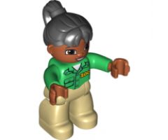 Duplo Figure Lego Ville, Female, Tan Legs, Green Top with 'ZOO' on Front and Back, Black Ponytail Hair, Brown Head (Zoo Worker)