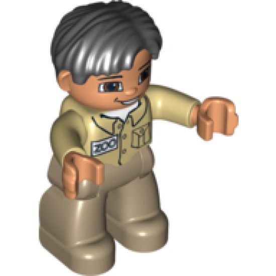 Duplo Figure Lego Ville, Male, Dark Tan Legs, Tan Top, Black Hair, Brown Eyes (Zoo Keeper)