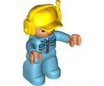 Duplo Figure Lego Ville, Male, Medium Azure Legs, Medium Azure Jacket with Zipper and Pockets, Yellow Cap with Headset
