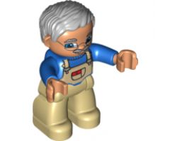 Duplo Figure Lego Ville, Male, Tan Legs, Blue Top with Tan Overalls Bib, Glasses, Light Bluish Gray Hair