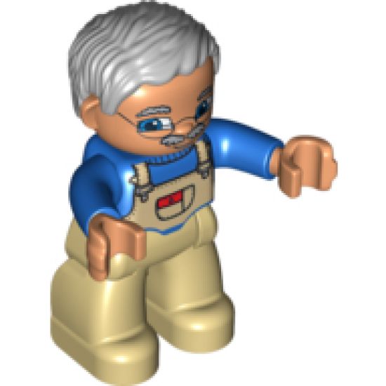 Duplo Figure Lego Ville, Male, Tan Legs, Blue Top with Tan Overalls Bib, Glasses, Light Bluish Gray Hair
