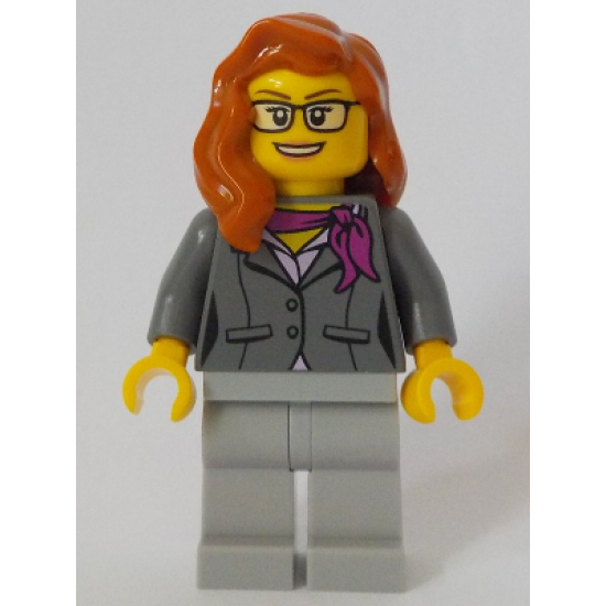 Scientist - Female, Dark Bluish Gray Jacket with Magenta Scarf, Dark Orange Female Hair over Shoulder, Glasses
