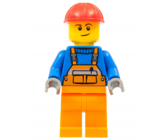 Overalls with Safety Stripe Orange, Orange Legs, Red Construction Helmet, Lopsided Smile
