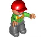Duplo Figure Lego Ville, Male, Dark Bluish Gray Legs, Bright Green Button Down Shirt, Red Cap, Brown Eyes, Open Mouth Smile (Mechanic)