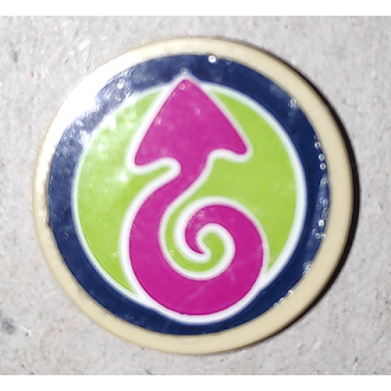 Tile, Round 2 x 2 with Bottom Stud Holder with Magenta Arrow on Lime Background with Dark Blue Border Pattern (Sticker) - 41173