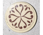 Tile, Round 2 x 2 with Bottom Stud Holder with Reddish Brown Elves Scrollwork on Tan Background Pattern (Sticker) - 41173