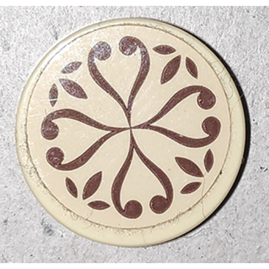 Tile, Round 2 x 2 with Bottom Stud Holder with Reddish Brown Elves Scrollwork on Tan Background Pattern (Sticker) - 41173