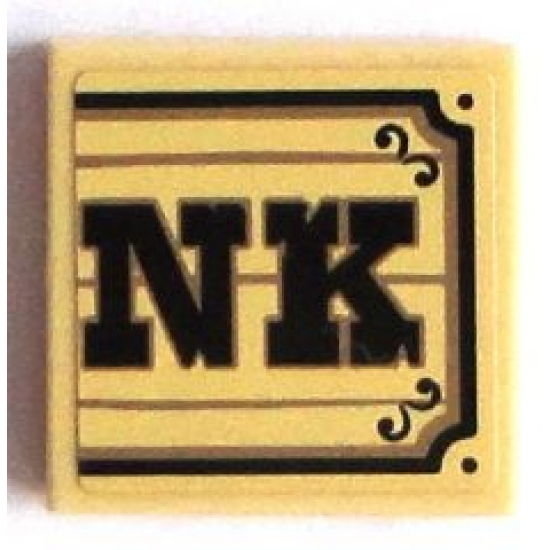 Tile 2 x 2 with Black 'NK' on Wood Plaque Background Pattern (Sticker) - Set 70800