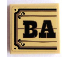 Tile 2 x 2 with Black 'BA' on Wood Plaque Background Pattern (Sticker) - Set 70800